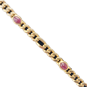 Geelgouden schakelarmband met vijf robijnen